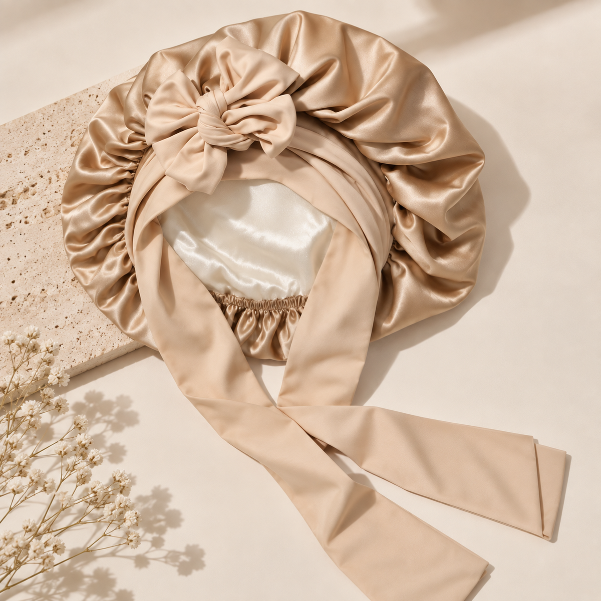Bonnet de nuit en satin ajustable VELUNE avec bandeau à nouer