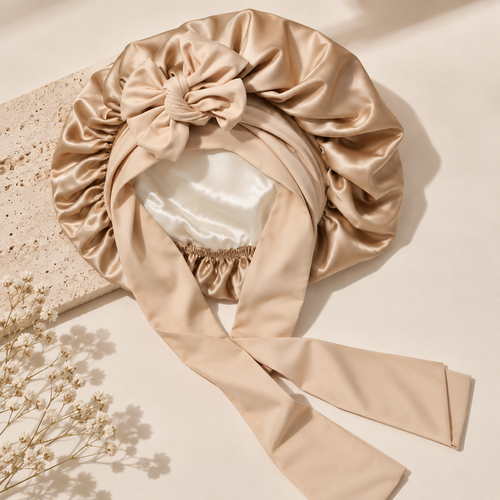 Bonnet de nuit en satin ajustable VELUNE avec bandeau à nouer