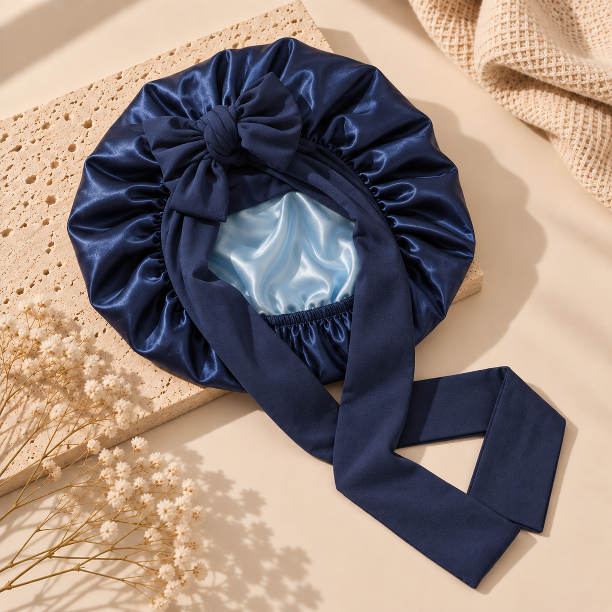 Bonnet de nuit en satin ajustable VELUNE avec bandeau à nouer