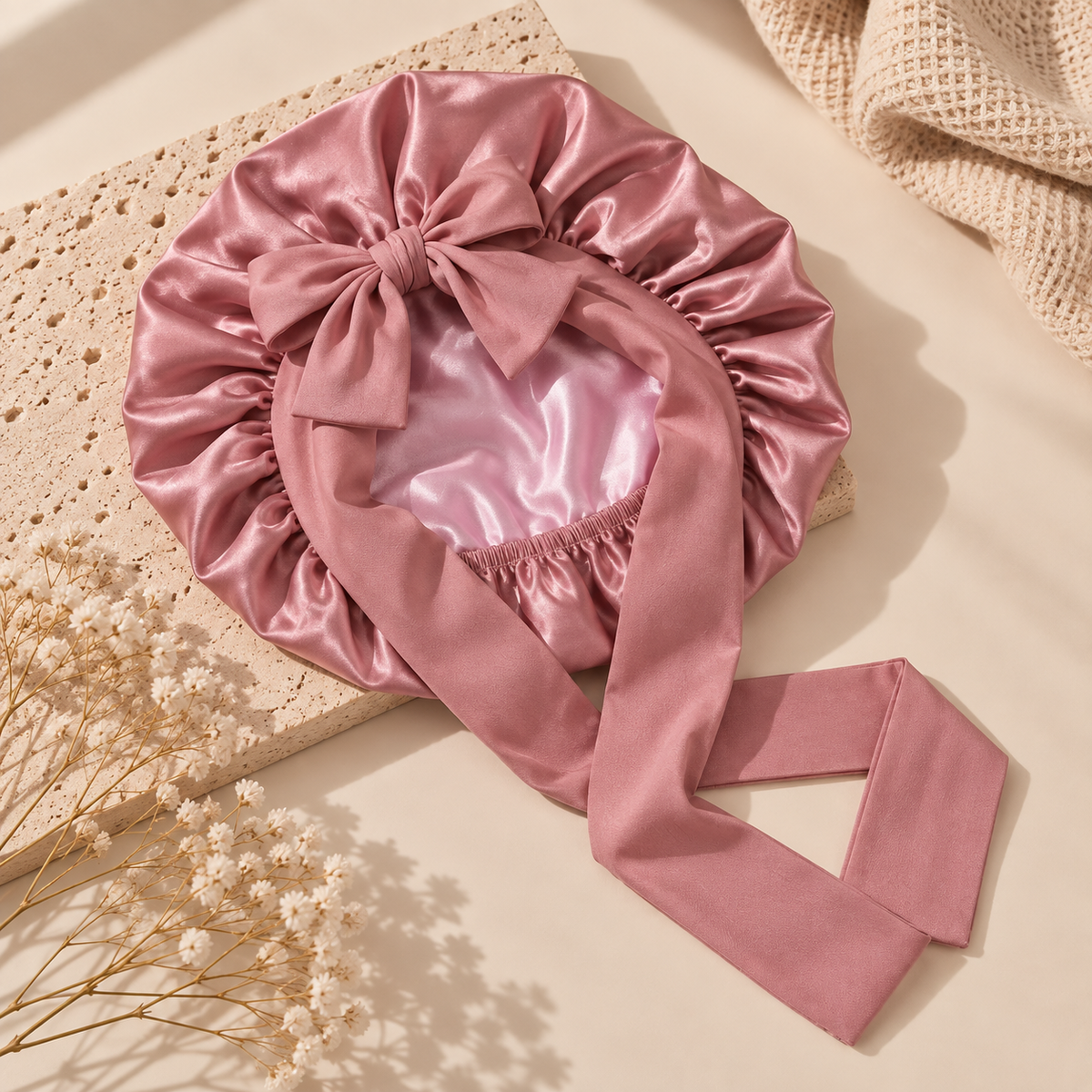 Bonnet de nuit en satin ajustable VELUNE avec bandeau à nouer