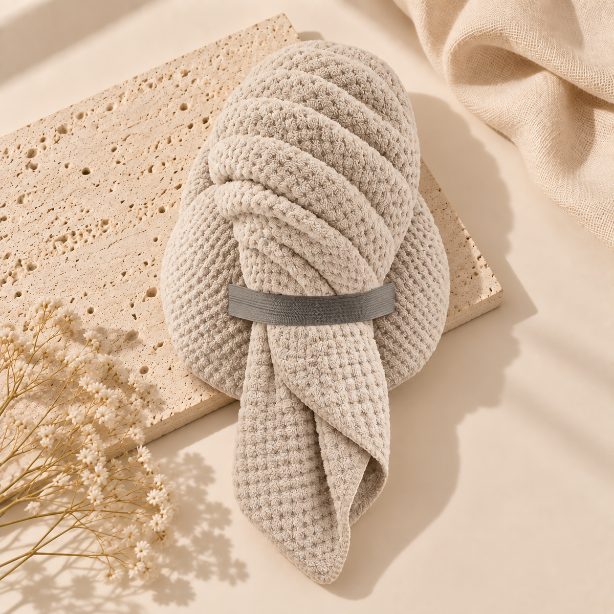Serviette cheveux microfibre beige VELUNE avec système d’attache
